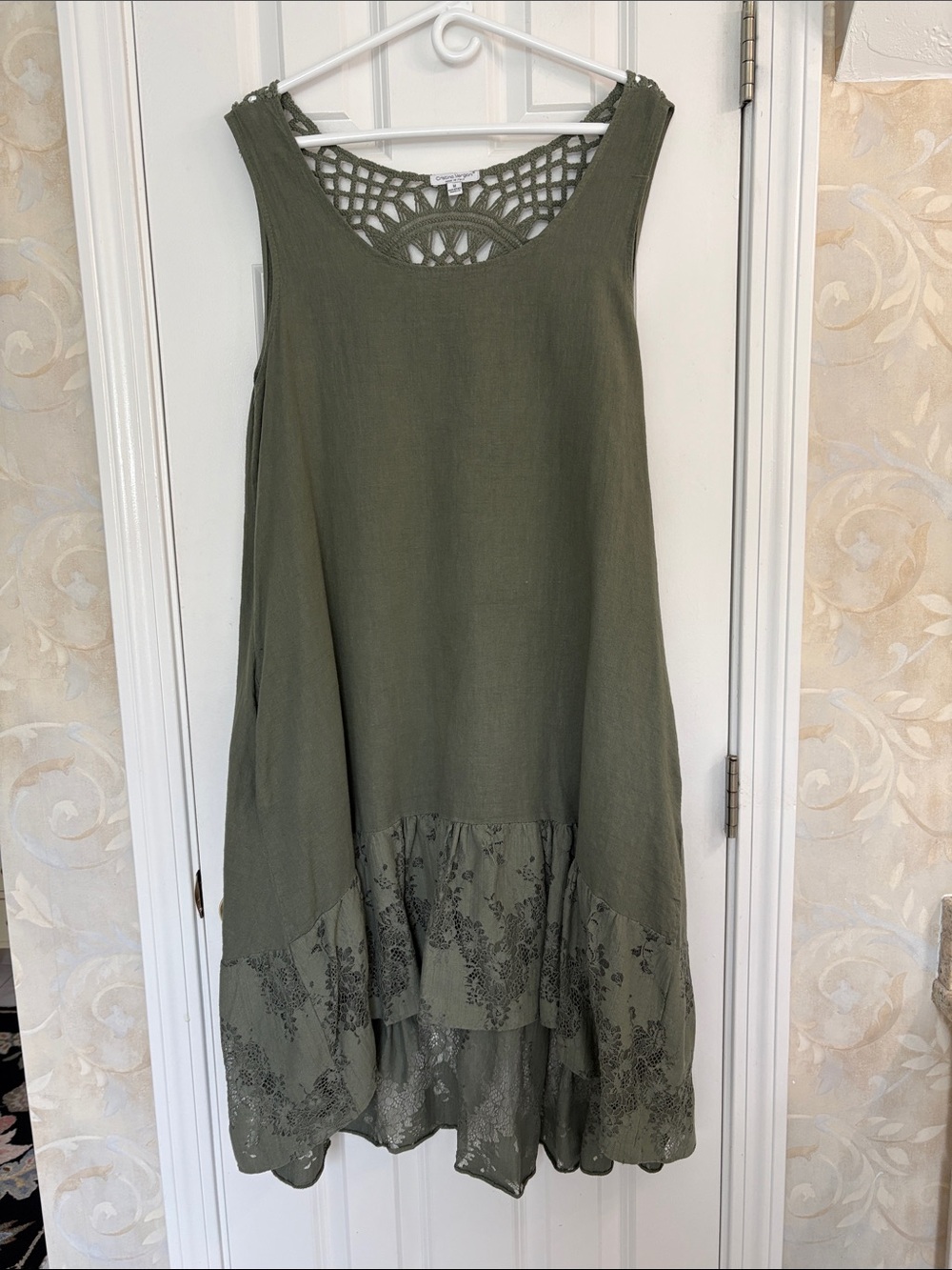 Cristina Vergani Sleeveless Olive Green Crochet-Back High-Low Linen Summer Dress